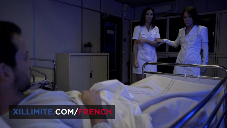 French girls at work: Two nurses take a really good care of a patient