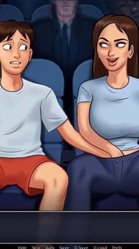 Summertime saga: stepbrother fingers his stepsister in the cinema