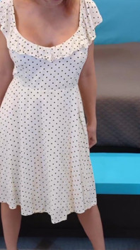 White Dress with Black Polka Dots & Black and Wood High Heels