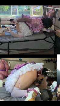 Mucama mariquita de satén rosa es follada por su máquina de follar y juega con su muñeca de juguete sexual