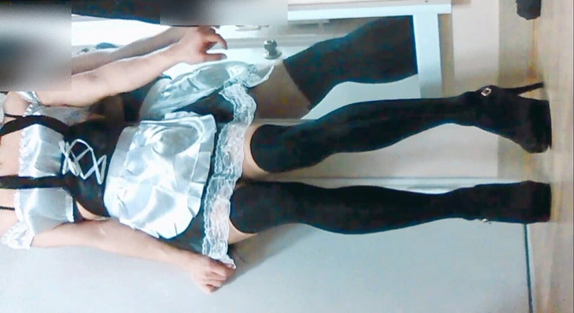 Harinni: Asian Slutty Sissy in Maid Costume Walks Down a Slippery...