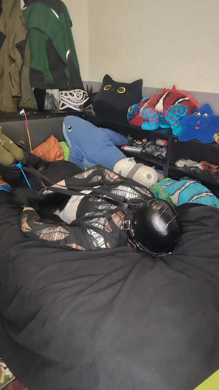 AJ_the_catgirl: Hoofd harnes hogtie proberen