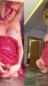 Tgirl Anna Cums with a Pink Foxtail Plug in Her Ass and Wears a Pink Dress