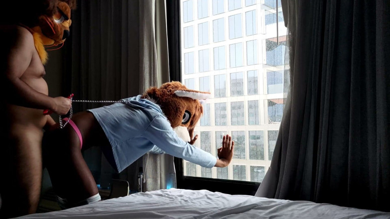 PawgrammerSocks: Bareback Femboy Furry Fursuit Fuck in Front of Window
