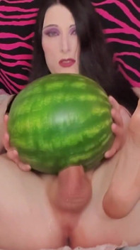 Big Cock Trans Girl Fucks Watermelon with Dirty Feet