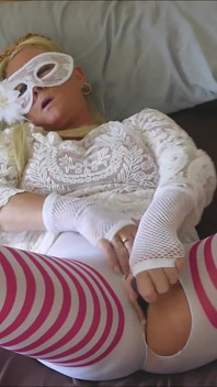 Close up Toy Fucking My Tight Wet Cunt in Ripped Striped Tight in a Mask & Gloved