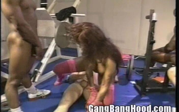 Gang Bang Hood: Big Black Nipple Yolanda Black Cock Gangfuck in Workout Room