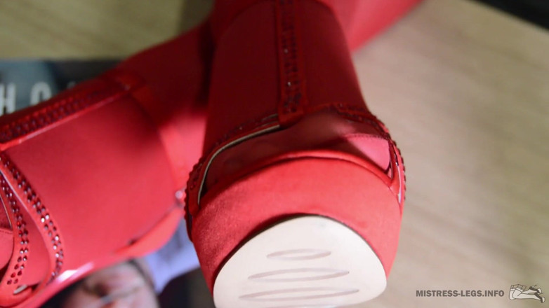 Mistress Legs: Lick my red nylon soles, slave