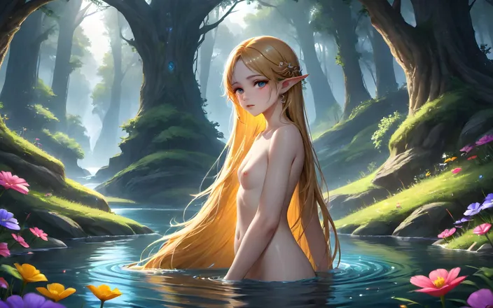 AI Girls: 18-year-old Hentai Elf Girl Posing Nude Near River Part 2