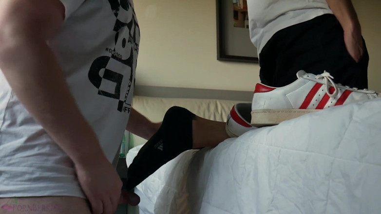 Ethan Alex: Alex gives me footjob in white-red sneakers and bare feet