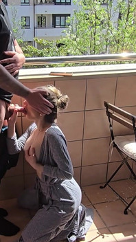 Busty Girl Sucks Her Friend's Cock on a Hotel Balcony!! Risky Sex!