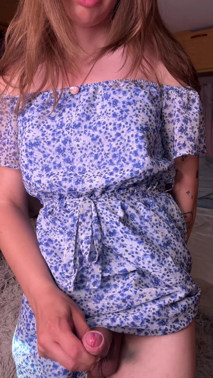 pastelle: Big Dick Trans Girl in Cute Dress Cums a Lot...