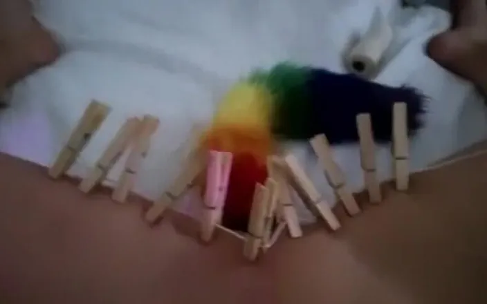 SexHackMe: Wand Orgasm Punishment with Rainbow Foxtail Butplug and Clothes Pins...