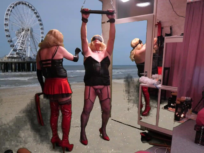 Mrs Samantha: Mrs Samantha Is Spanking and Teasing Slave Tgirl Marina Chained...