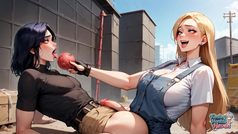 Femboy Hentai Haven: A Muscular, Blue-haired, Transvestite Femboy Knelt on a Sunlit Street,...