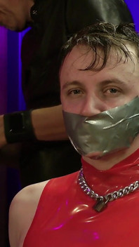 Rikki Tape Gagged & Face Slapped Latex Bound on Chair, Full Head Wrap
