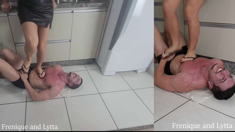 Queen Lytta ballbusting and cum lick: Frenique and Lytta - Hard Double Trampling and Ballbusting