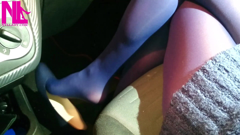 Nyllady: Dangling in Blue Pantyhose and Blue Flats on a Gas...