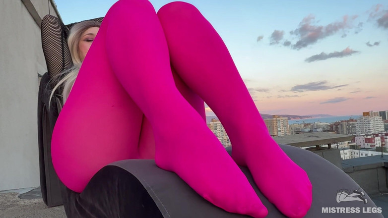 Mistress Legs: Pink Nylon Tease on the Rooftop at Sunset - Feet and...