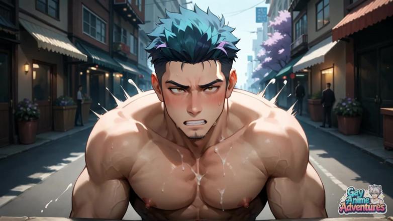 Gay Anime Adventures: Oglądaj napalone, rozwiązłe, niebieskowłose kolesie mięśni czczą na ulicach Kioto...