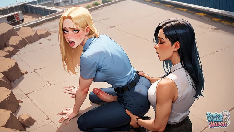 Femboy Hentai Haven: Transvestite v napnutých ebenových kalhotách a zeleném tričku se opírá...