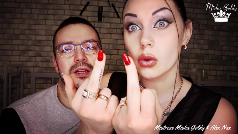 Goddess Misha Goldy: Wank all over our middle fingers and loser symbols!