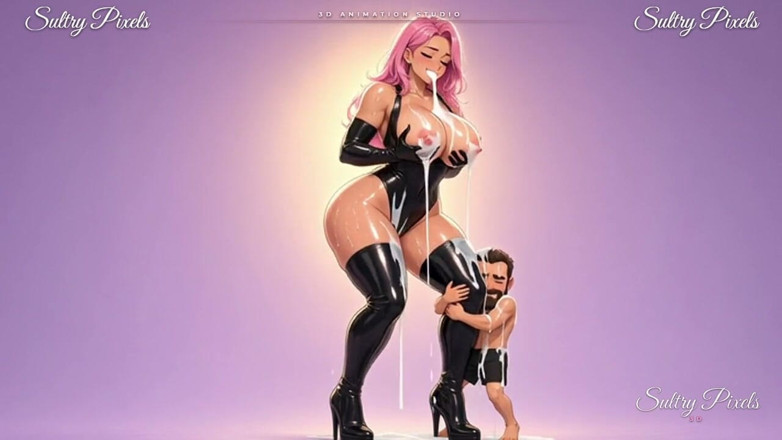 Sultry Pixels 3D: Rosahaarige Anime-latex-riesin drückt milch aus ihren riesigen titten, während ein...