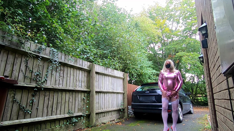 Kelly cd: Kelly cd in pink PVC dress white stockings panties heels