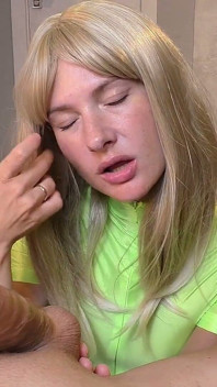 Blonde in Nylon Bodysuit Sucks Cock Beautifully and Swallows Cum