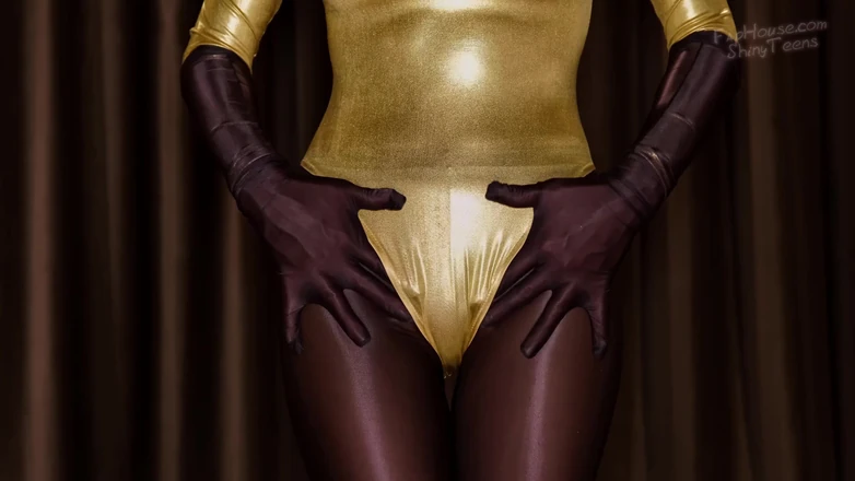 Shiny teens: 870 Shiny Brown Spandex Pantyhose and Gold Leotard