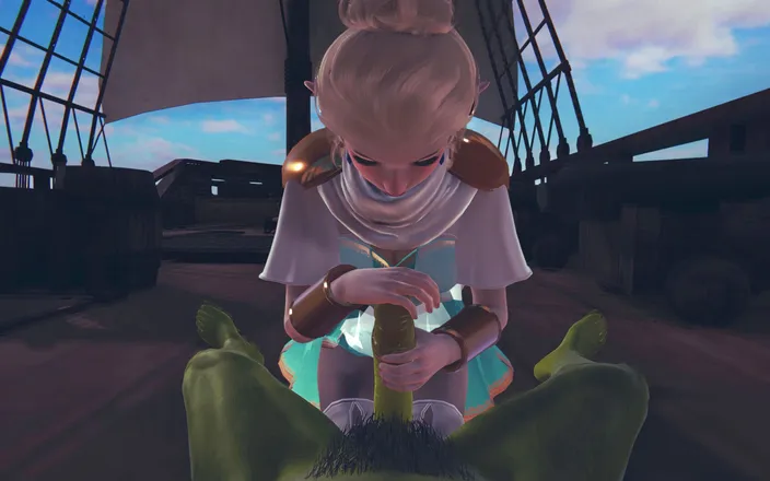 Waifu club 3D: Cute elf jerking off orc cock pov