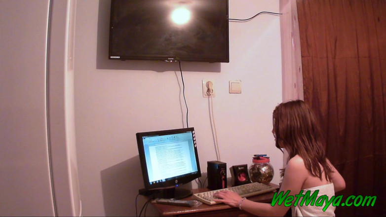 Wet Maya: Working on her computer makes Maya pee right there in...