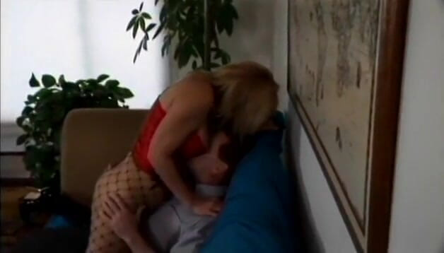 Project Femdom: Blonde fishnet wearing slut blows a hard white cock