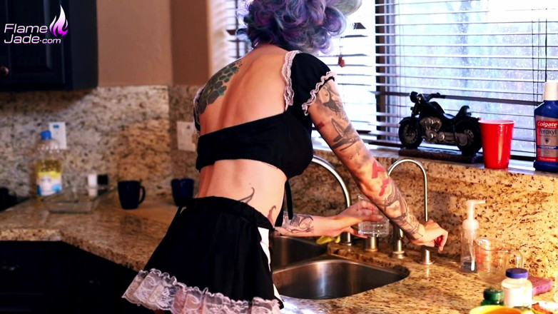 Flame Jade: Lady's maid on kitchen table play ass hole while there...