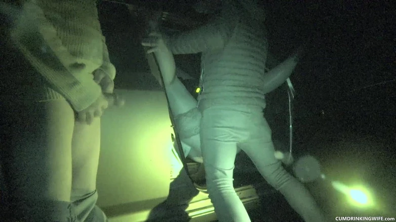 Cumdrinking Wife: Parking Lot Gangbang Filmed with Nightshot Cam