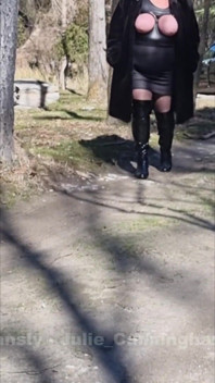 Julie Walking Through a Car Park Wearing Fur Coat, See Her Bound Tits Sticking Out