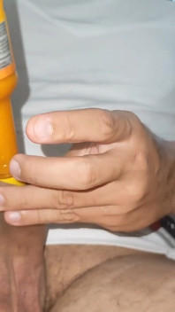 Straight Stepdaddy Filling His Dick with Hot Sauce.