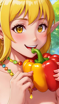 Enchanting Nude Elf Girl Enjoys Fresh Bell Pepper in a Lush Garden