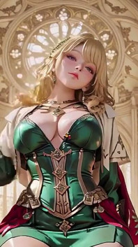 Blonde Angel Queen! Sacred Kneeling in a Grand Cathedral, the Green Robe Barely Hiding Her Soft Curves