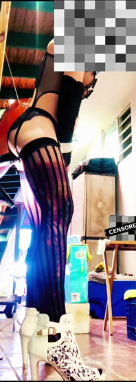 Sexy transgénero medias negras montando consolador anal en la pared