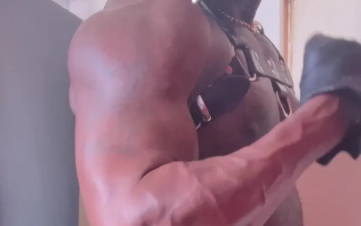 Black mature kinky muscle: Sexy Leather Harness Hot Flex Show and Bate Cum
