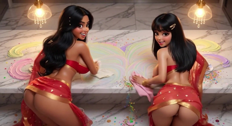 My night collection: Dos voluptuosas lesbianas indias limpiando el piso de la cocina...