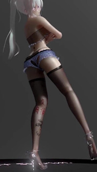 Wiggle; Lewd Tattoos; Humiliation; Split-crotch Thongs; Shorts; Black Stockings; Explosive Bust