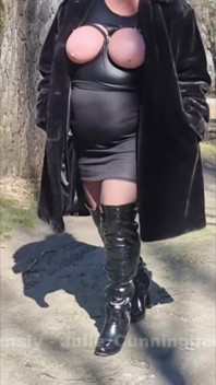 Julie Walking Through a Car Park Wearing Fur Coat, See Her Bound Tits Sticking Out
