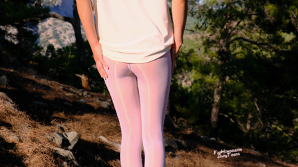 Shiny teens: Shiny white pantyhose and jeans minishorts outdoor