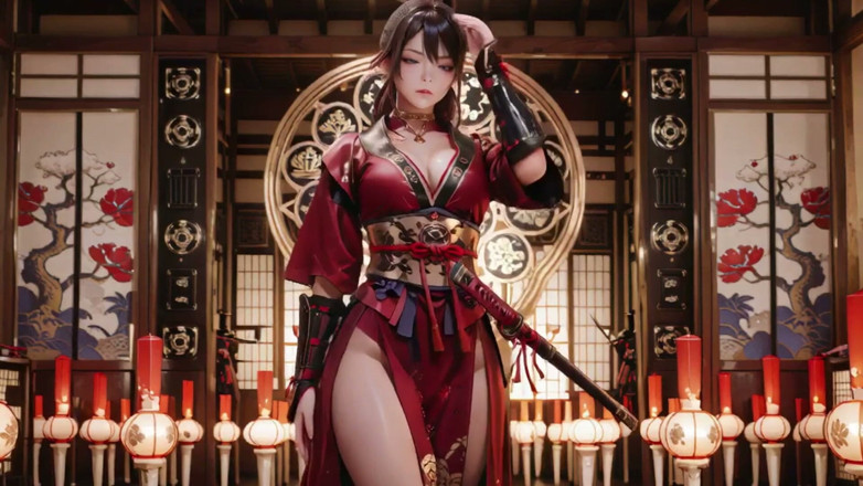 Seraphina Vale: Crimson Samurai! Red-haired Warrior Kneeling in the Sun