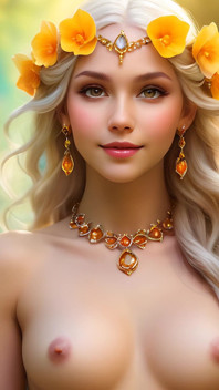 Ai nackte kunst, frau, hält begonia mit Citrine gelber diamanten schmuck 4k künstlerische diashow