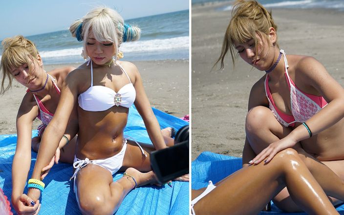 Japan Fetish Fusion: Rencontre sur la plage à l&amp;#039;huile : duo de filles bronzées intime