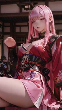 Crimson Samurai! Pink-haired Warrior Kneeling on Tatami, High-slit Kimono Slipping to Reveal Snowy Thighs.
