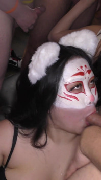Two Fat Asian Girls with Masks Suck All the Dicks
